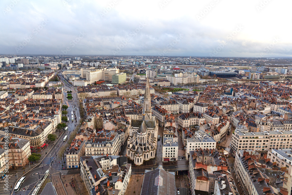 Aerial view of Nantes with Saint Nicolas Basilica, France