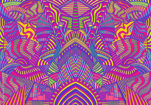 Bright psychedelic colorful background with many crazy geometric pattern.