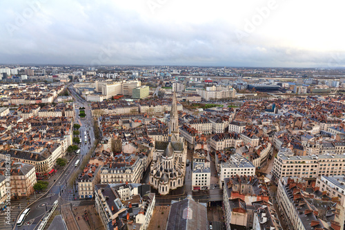 Aerial view of Nantes with Saint Nicolas Basilica, France