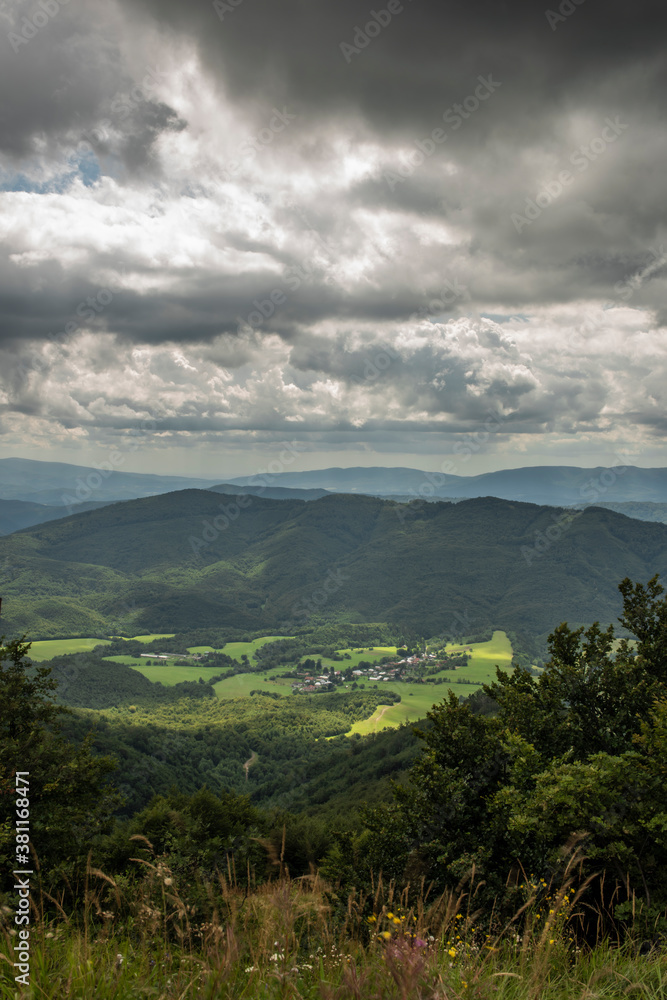 View from ridge of Poloniny national park in summer cloudy blue sky day