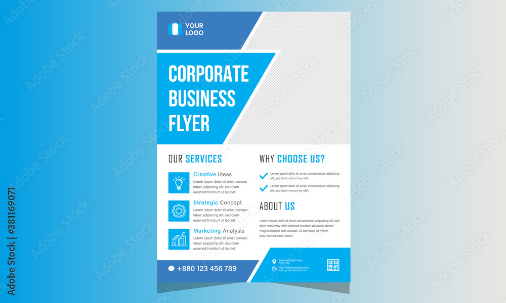 Obraz premium Business flyer layout template in A4 size with blue geometry shapes. Poster with geometric and wavy lines for Corporate Business, Modern Brochure cover template design, annual report.