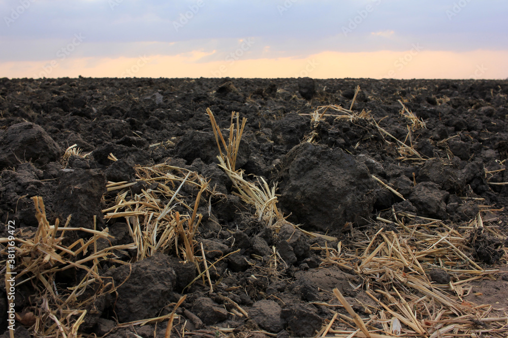 Fototapeta premium Sunset over plowed field. Countryside landscape with plowed land after harvest in autumn. 