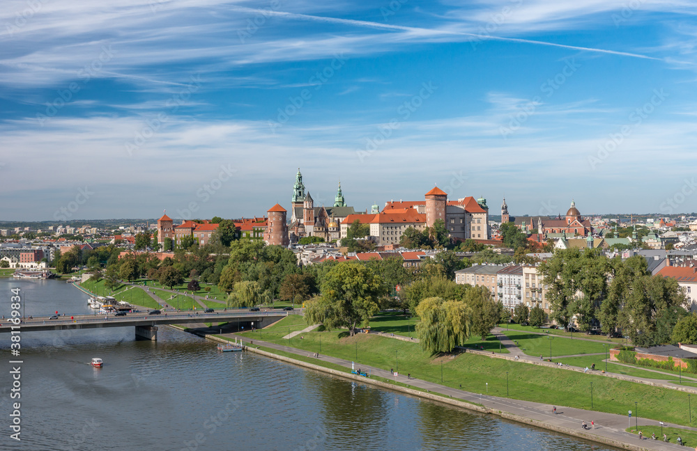 Krakow, Poland, aerial view of the Wawel Castle and Vistula river