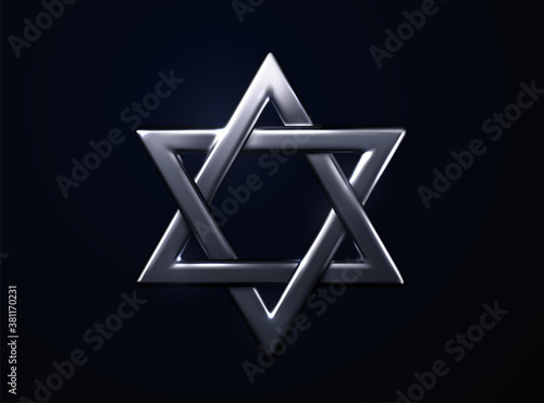 Star of David silver sign. Vector 3d illustration. Judaism religious symbol. Jewish culture sign. Metallic hexagram. Sacred geometry. Israel emblem