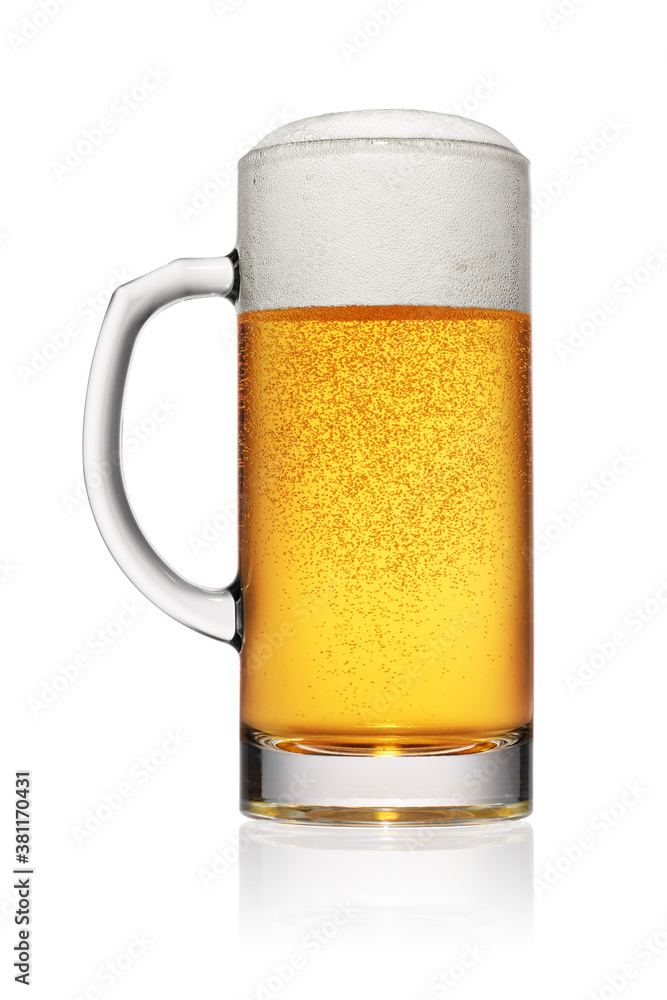 Mug of light yellow beer isolated on white