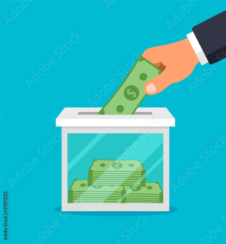 Man donate, giving money. Hand puts dollar banknote into the donation box. Vector illustration isolated on blue background.