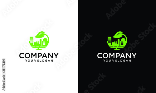 Abstract green city building logo design concept. Symbol icon of residential, apartment and city landscape.