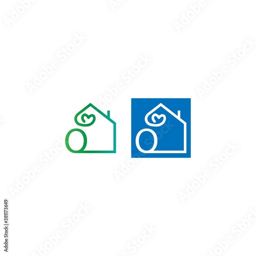 Letter O house with love icon logo