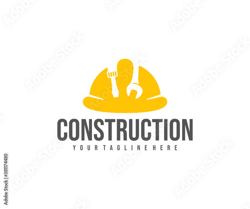 Construction, construction safety helmet, screwdriver and wrench, logo design. Contractor, builder and electrical, vector design and illustration