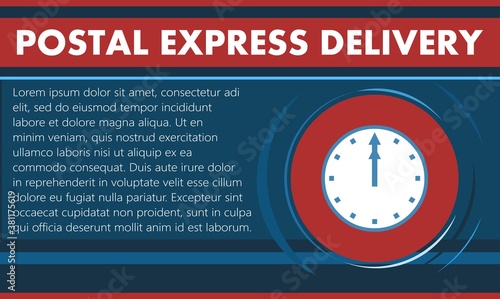 Fast postal delivery. Express service. Vector illustration. Banner, poster. Flat style. No gradient. The clock symbolizes the time. Art