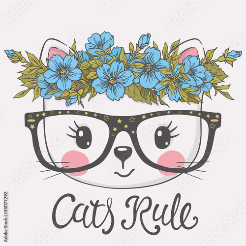 Cute cat girl with floral wreath. Hand drawn illustration for print on t-shirt and other uses