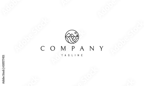 Vector logo on which an abstract image of a mountain landscape with meadows in a circle.