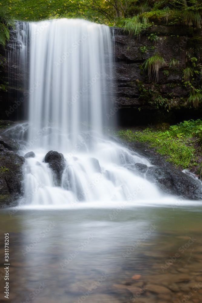 Frontal view of Skok waterfall on Old mountain, near village Senokos, Serbia, long exposure silky white water and dark, wet rocks covered by green plants