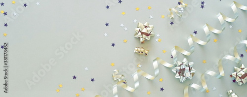 Christmas background banner. Xmas or new year decorations on silver backdrop ...