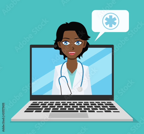 Vector illustration of videoconference with a doctor. Laptop with doctor on the screen.