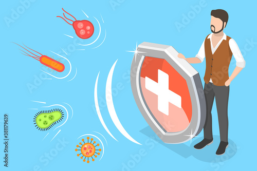 Strong Immune System, Protection Against Virus Germs and Bacteria. 3D Isometric Flat Vector Conceptual Illustration.