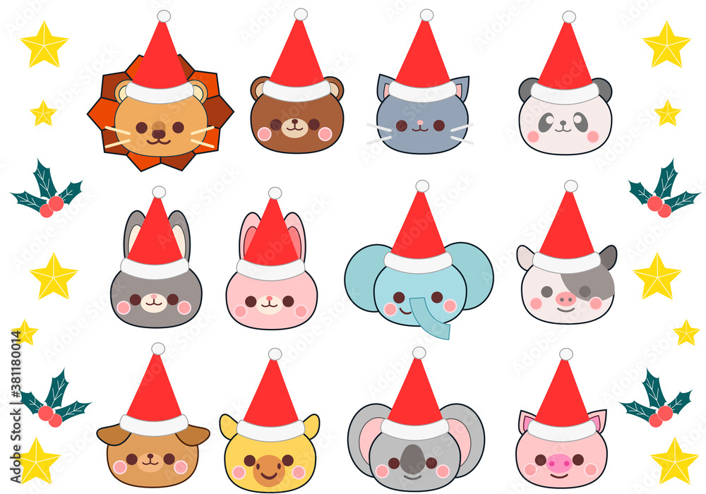 動物クリスマスサンタ帽子イラストセット 動物クリスマスサンタ帽子イラストセット