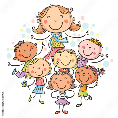 Happy schoolkids with their teacher, school or kindergarten illustration