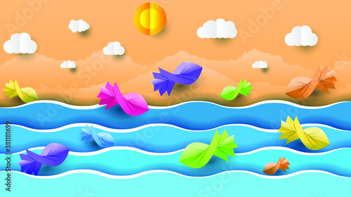 Abstract Paper Cut Ocean Sea Background Vector With Wave Fishes Sun Clouds Design Style Landscape