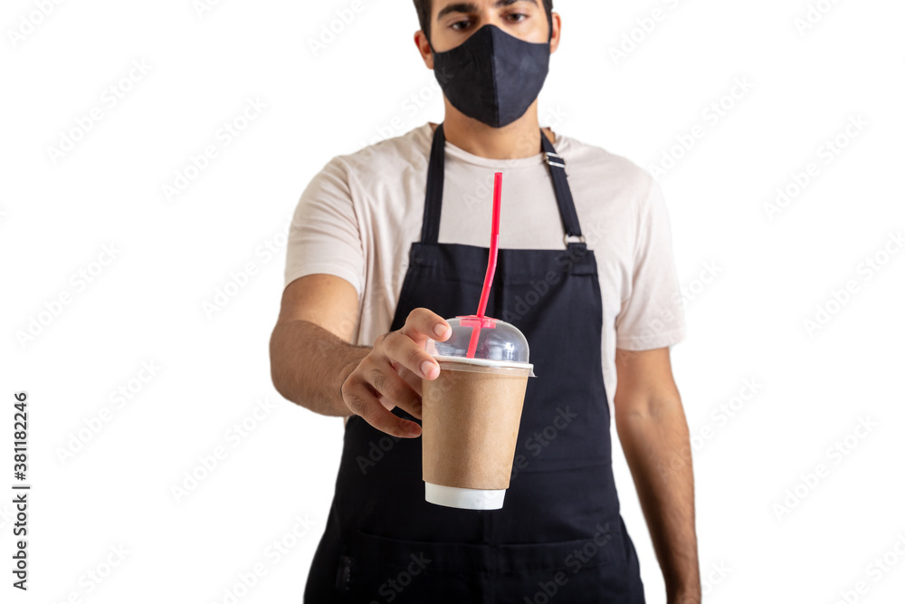 Barista with protective mask giving a coffee to go cup isolated against white background Barista with protective mask giving a coffee to go cup isolated against white background