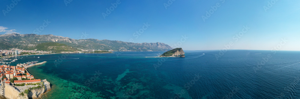 Budva. Montenegro. View from above to the island of St. Nicholas.