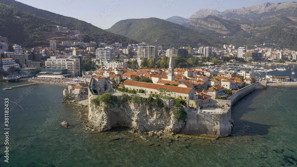 Budva. Montenegro. Old town, sea and beach. View from above.