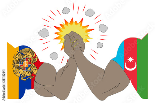 Vector illustration, Closeup, Arm wrestling of Azerbaijan against Armenia. Concept of crisis of war and political conflicts between nations.