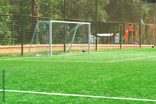 soccer gates. Football goal at the stadium. Football field with artificial lawn. Concept other party of soccer.  At stadium.