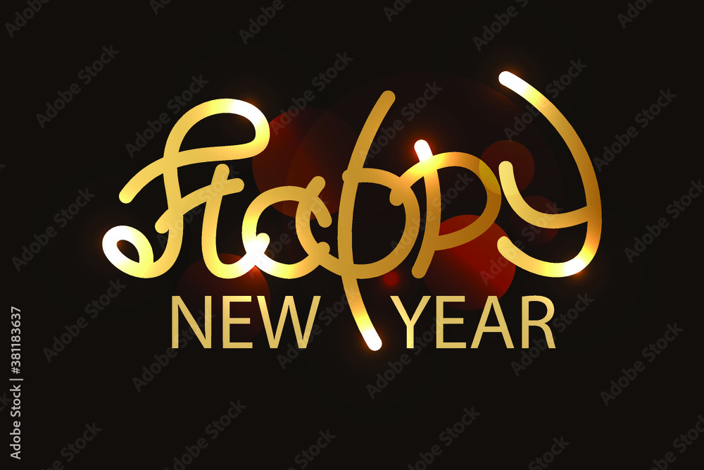 Happy New Year handwritten text. Gold luxury shining lettering on black background for new year eve celebration. Postcard, gift card, invitation poster, banner. Christmas event greeting calligraphy
