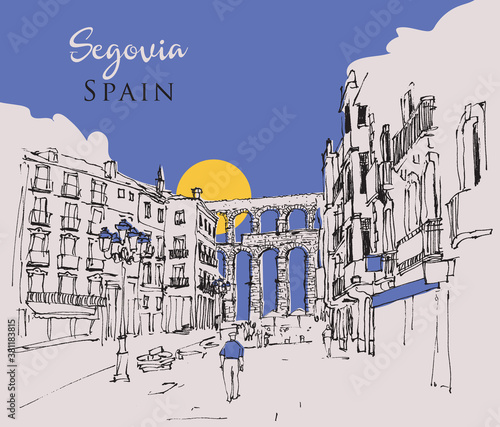 Drawing sketch illustration of Segovia, Spain
