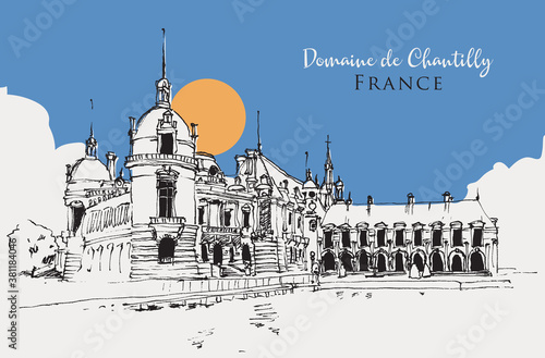 Drawing sketch illustration of the Domaine de Chantilly in France