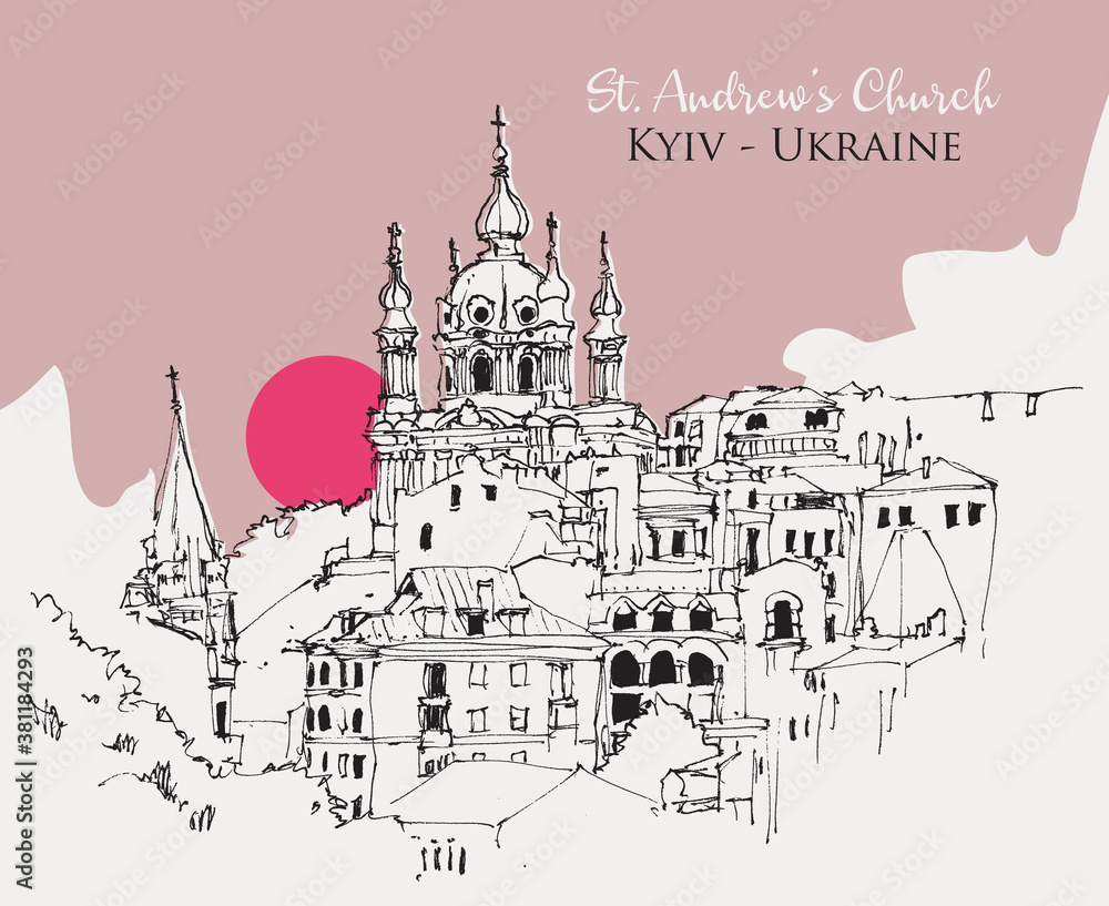 Obraz Rysunek szkic ilustracji kościoła św Andrzeja w Kijowie, Ukraina