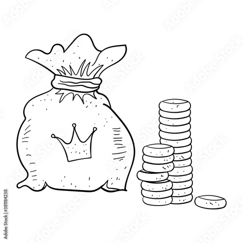 Coins. A bag of money. Royal treasury. Cartoon Coloring illustration.
