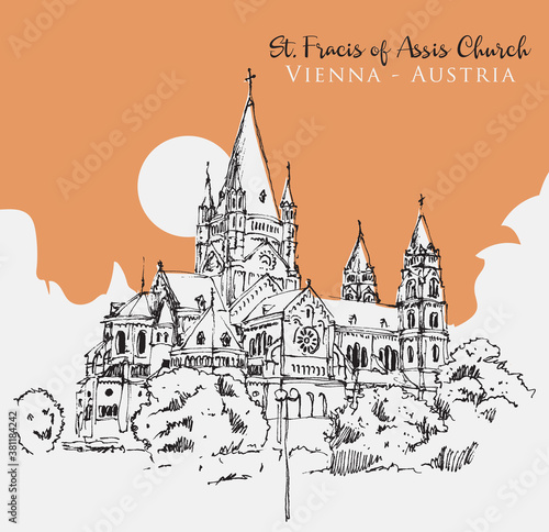 Drawing sketch illustration of Francic of Assisi in Vienna, Austria