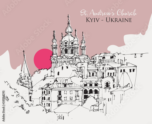 Drawing sketch illustration of St. Andrew's Church in Kyiv, Ukraine