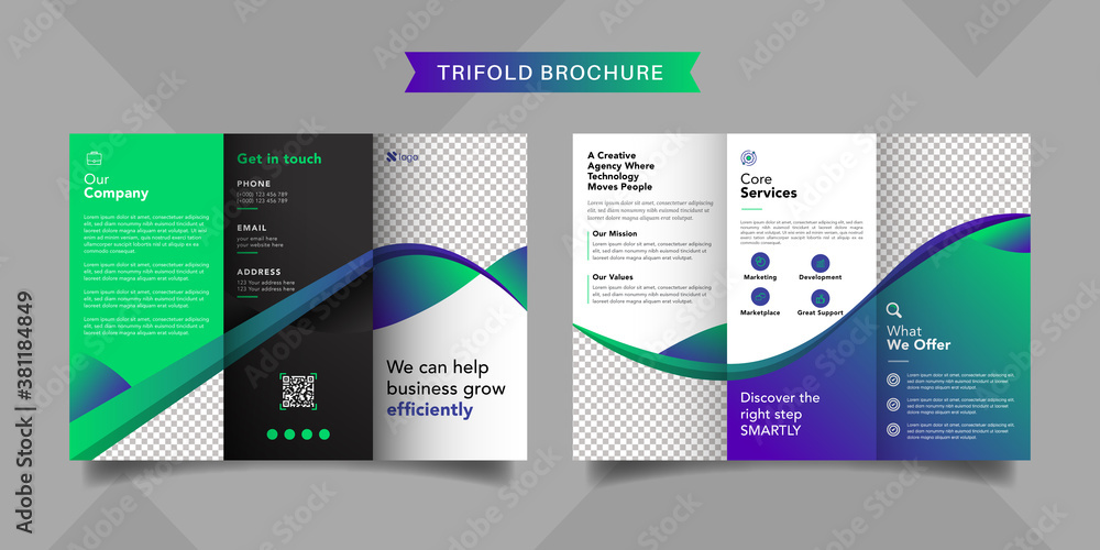 Corporate business trifold brochure template. Modern, Creative and Professional tri fold brochure vector design. Simple and minimalist promotion layout.