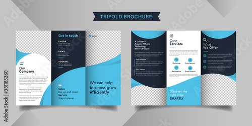 Corporate business trifold brochure template. Modern, Creative and Professional tri fold brochure vector design. Simple and minimalist promotion layout with blue color.