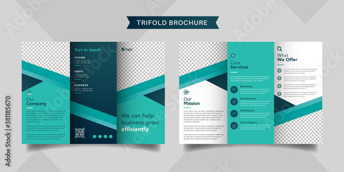Corporate business trifold brochure template. Modern, Creative and Professional tri fold brochure vector design. Simple and minimalist promotion layout with turquoise color.