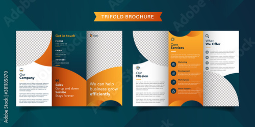 Corporate business trifold brochure template. Modern, Creative and Professional tri fold brochure vector design. Simple and minimalist promotion layout with orange color.