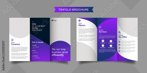 Corporate business trifold brochure template. Modern, Creative and Professional tri fold brochure vector design. Simple and minimalist promotion layout with purple color.