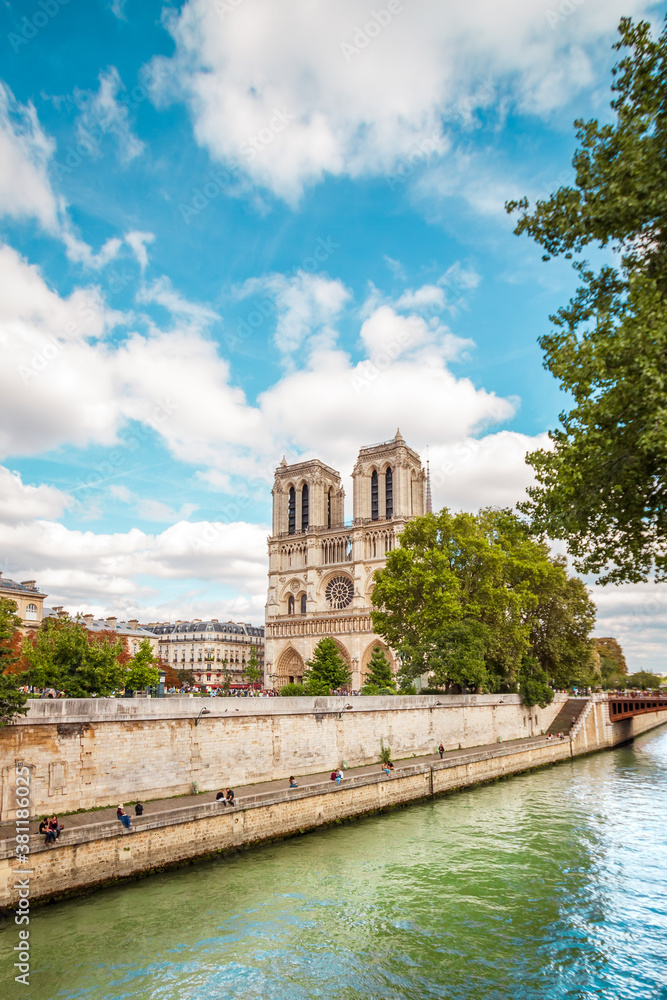 Notre Dame de Paris Cathedral, most beautiful Cathedral in Paris. View from the River Seine. France