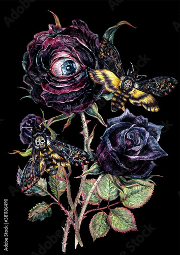 Halloween Watercolor Bouquet with Black Roses and Death's-Head Hawkmoth