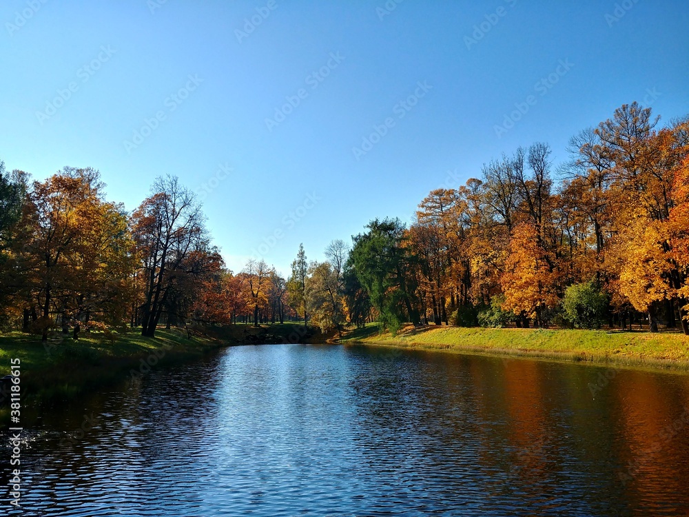 Fototapeta premium autumn landscape with lake and trees