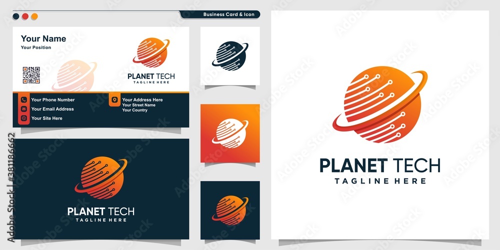 Fototapeta premium Planet logo with gradient technology style and business card design template Premium Vector