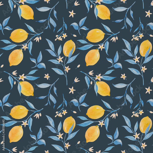 Beautiful vector seamless pattern with hand drawn watercolor lemons and blue leaves. Stock illustration.