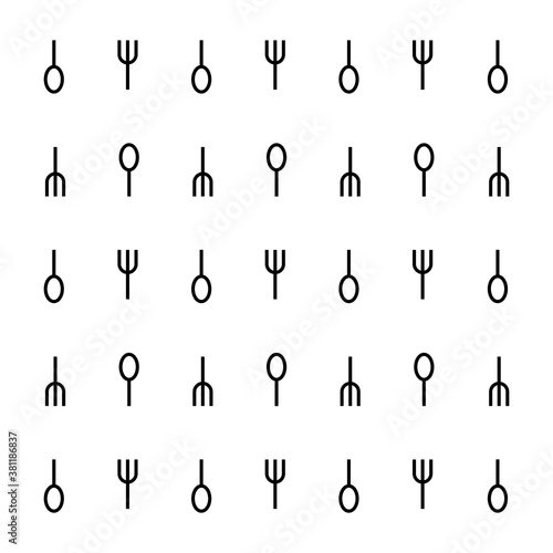 Seamless pattern with spoon, fork isolated on white background, flat and outline design. Vector illustration