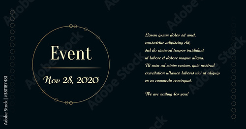 Elegant event banner with gold circles on a dark background. Layout vector template with luxury style for the presentations, webinar, flyer, meetup, party, event, celebrating, invitation