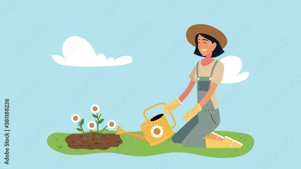 woman gardening animation with sprinkler and flowers woman gardening animation with sprinkler and flowers