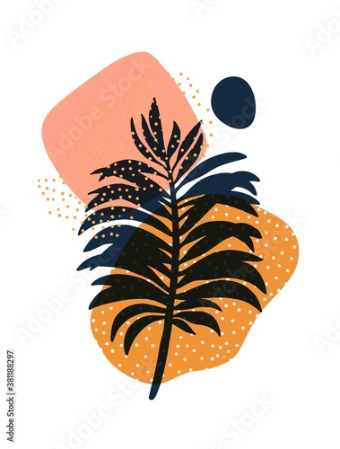 Creative art composition with natural simple hand painted shapes and exotic leaves, monstera.