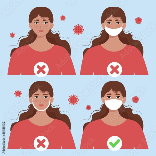 How to properly and correctly wear a mask instructions. Coronavirus COVID-19 protection concept. Female in mask. Vector illustration in flat style